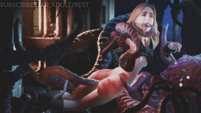 Submissive woman drilled all the way through with tentacles