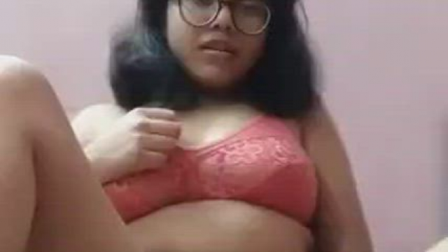 Sexy teen girl with glasses masturbating and fingering herself teasing