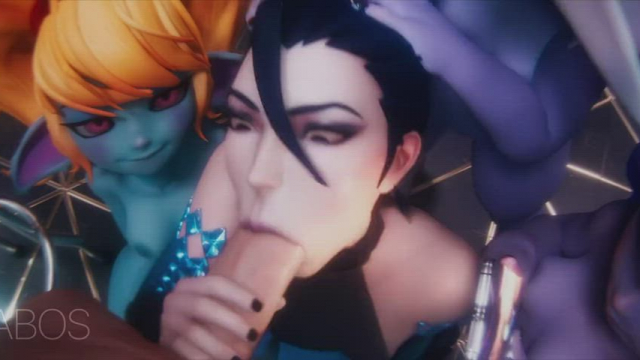 Kai'Sa giving a blowjob with the help of some yordles [Kai'Sa, Lulu, Poppy, Tris