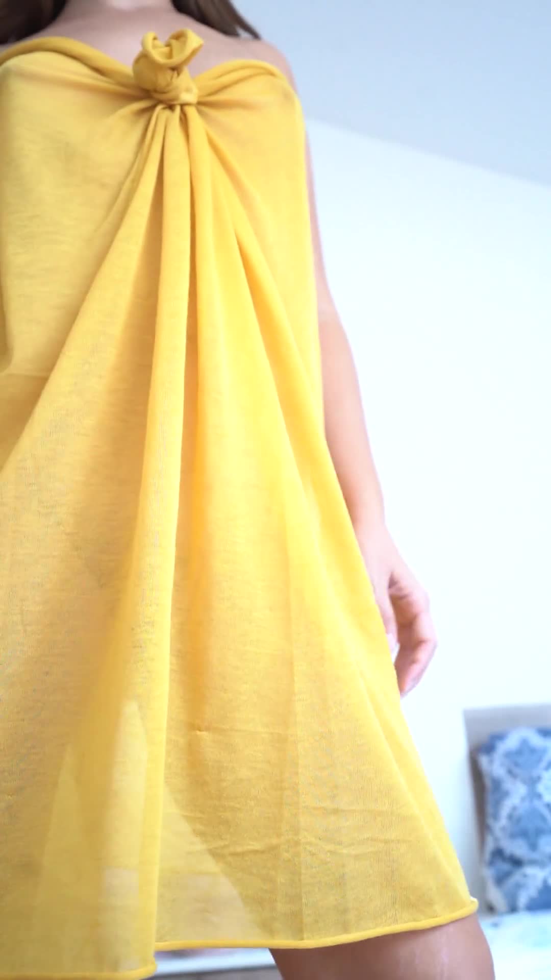 Sanyabootygirl wrapped the yellow sheet as a dress