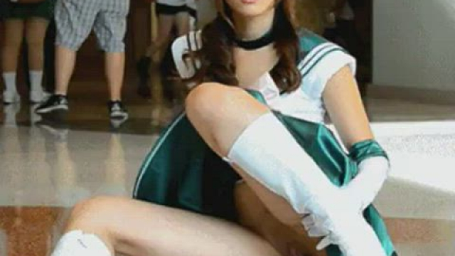 At a convention with no panties and a plug