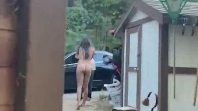 Getting the delivery nude outside