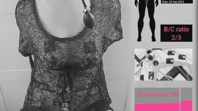 Electrostim on my cunt and boobs. Tied up on a chair. Horny in my chastity belt.