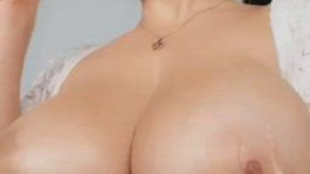 Angela deepthroating a dildo & drooling all over her massive tits.