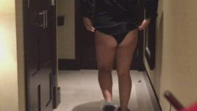 Dared to answer hotel room service in a thong and open button up shirt