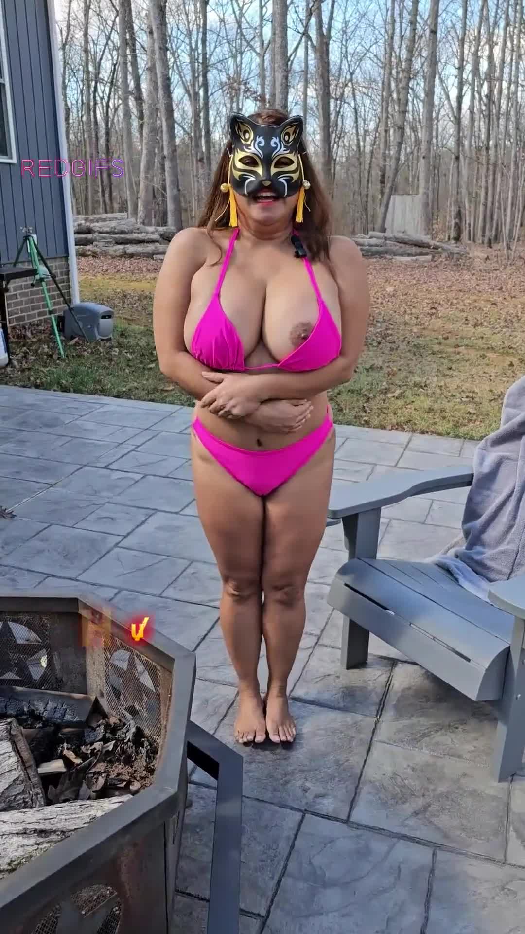 My big Asian titties in a hot pink bikini as a neighbor drives by