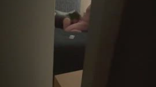 My husband watches me suck my bulls cock from the outside the door while he jack