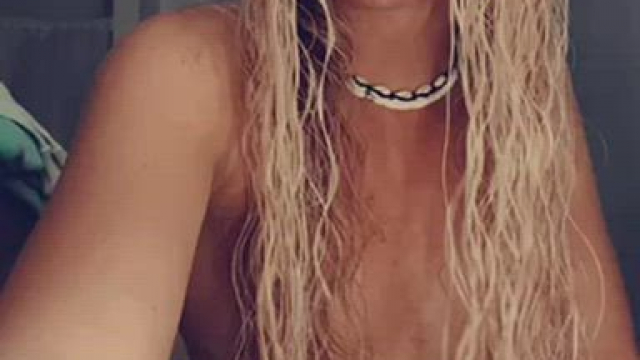 Hot blonde with tanlines shows off