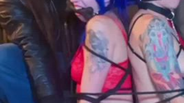 Tea Rex writhing with humiliating pleasure while tied up with Elizabeth Thorn by