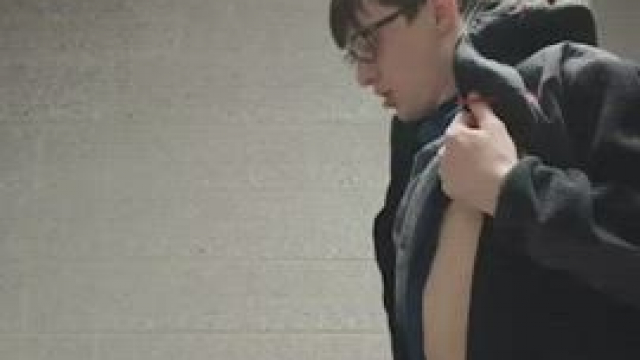 She makes him cum in public bathroom