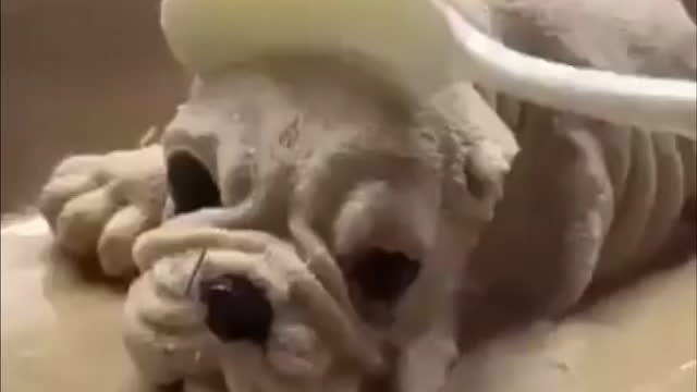 A dog being beheaded | A delicious slice of cake being cut